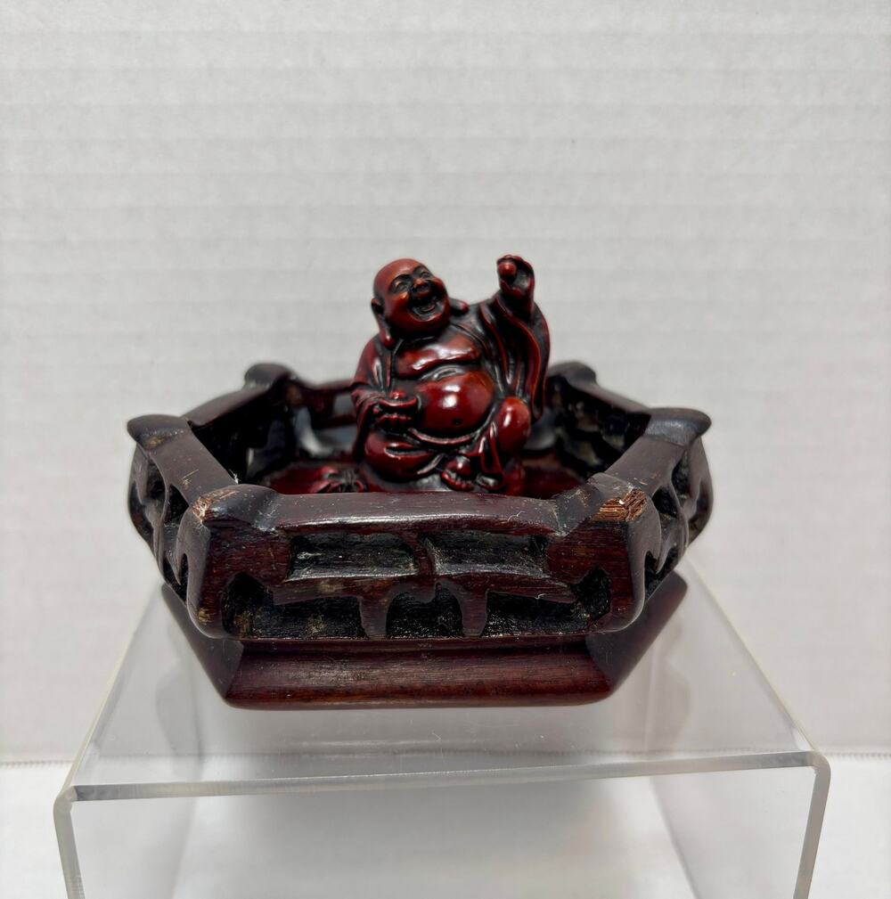 Mini Red Wood Figurine Laughing Buddha